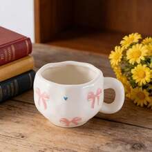 Cangkir dan Tatakan Kopi Keramik Motif Bunga Merah Muda, Mug Lukis Tangan, Cangkir Keramik Bergaya untuk Rumah, Sarapan, Susu, Hadiah Natal - Cangkir dan piring pita merah muda - View 3