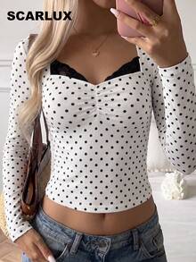 SCARLUX Fall Y2K Women Basic White Polka Dot Long Sleeve Top, Sweetheart Neck Ruched Slim Tee For Back To School Daily Street Outfits - White - View 4