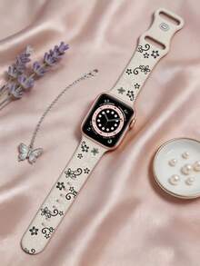 櫻花花卉雕花錶帶，相容 41mm 40mm 44mm 45mm 42mm 38mm 49mm 46mm，可愛花朵，柔軟矽膠運動錶帶，相容 Series 11 10 SE 9 8 7 6 5 4 3 Ultra，女款時尚智慧手錶錶帶 - 星光色配黑花 - 查看 4
