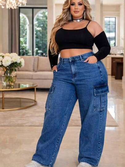 Calça Jeans Cargo Plus Size Wide Leg Cintura Alta Lavagem Azul Clara