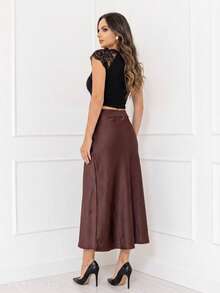 Elegant Long Satin Skirt Women's Fashion With Side Zipper Code167 - MARROM - 查看 3