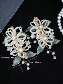 2 piezas Pinza para el cabello con flor de perlas y cuentas, hoja verde con lámina dorada y borla de perlas, pasador lateral estilo francés para novia, boda y mujer, accesorio para el cabello - verde pálido - Ver 9