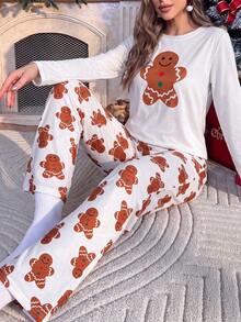 New Casual Minimalist Christmas Cute Gingerbread Man Print Women's Pajama Set - White - View 5