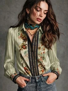 女款條紋花卉印花休閒度假通勤襯衫，四季皆宜，秋冬/冬季適用 - 鼠尾草綠 - 查看 1