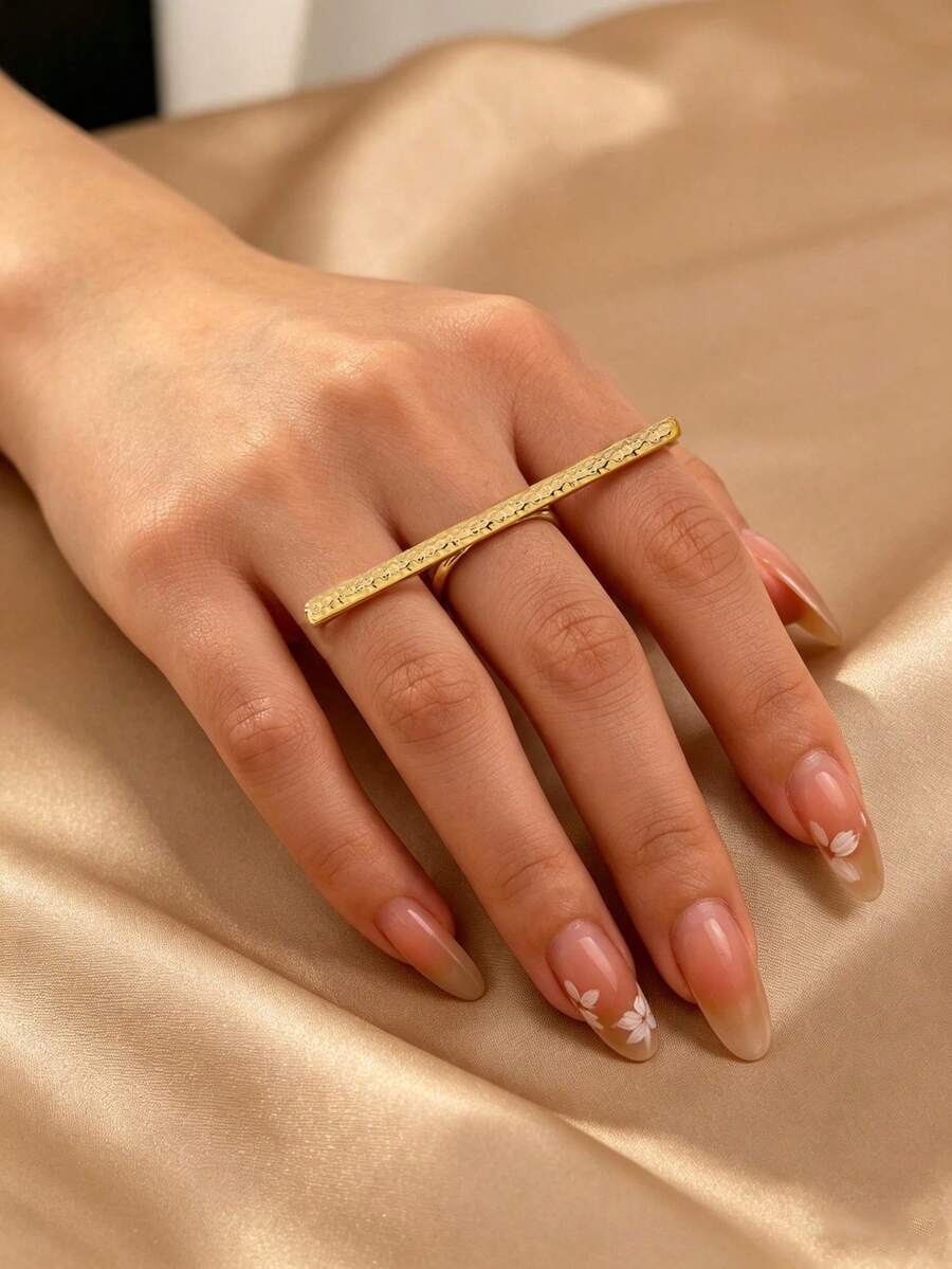 1件/套 女款加粗幾何長條錘紋戒指 - 金黃色 - 查看 1