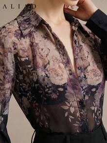 ALIAO Spring/Autumn Black Base Apricot & Purple Floral Print Sheer Long Sleeve Blouse, Casual Vacation Style For Daily Wear And Outings Summer - Apricot Purple On Black - View 5