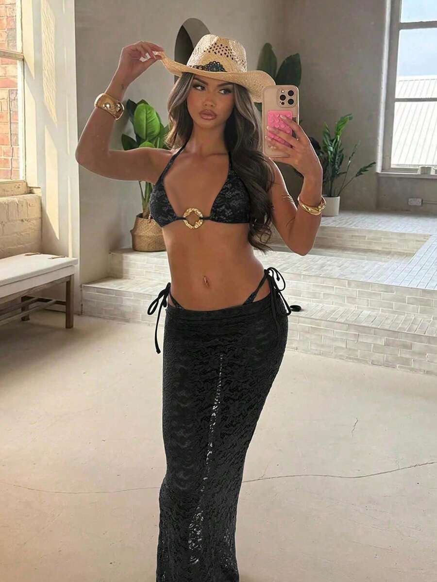 女款優雅時尚春夏海灘度假綠色性感掛脖休閒比基尼泳衣套裝,適合派對與聖誕節 - 黑色 - 查看 1