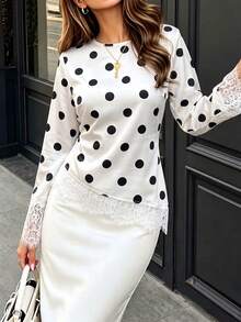 Top corto de manga larga con lunares blancos y negros para mujer de Vellofy, cuello redondo, detalle de encaje, elegante para la vuelta a la escuela, citas y fiestas - Blanco - Ver 8