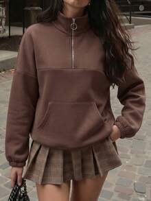NOIRLYN Women's Basic Casual Half-Zip Stand Collar Sweatshirt, Loose Fit Kangaroo Pocket Long Sleeve Pullover Top, Autumn/Winter - Brown - View 5