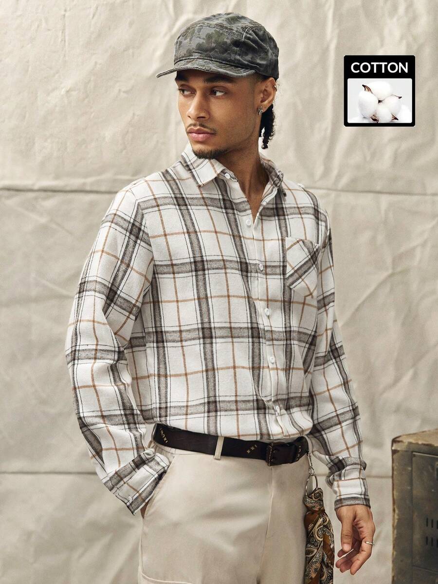 Norleigh Chemise décontractée à carreaux en coton pour homme à manches longues avec poche, col classique, coupe régulière, blanc cassé, automne, remise de diplôme, rentrée scolaire - Multicolore - Voir 1