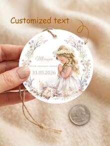 Etiquetas personalizadas para recuerdos de Primera Comunión, etiquetas redondas colgantes con nombre, fecha y diseño floral, etiquetas de regalo para ceremonia religiosa, etiquetas de recuerdo de comunión para niña - Multicolor - Ver 2