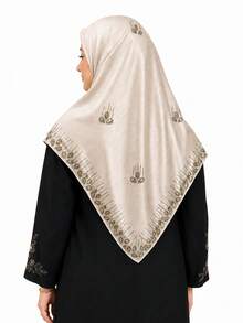 1pc 43.31 X 43.31 In Women's Luxury Heavy Hand-Set Multicolor Rhinestone Square Hijab Scarf, Opaque Solid Color Headscarf, Party Shawl & Veil - Champagne - View 1