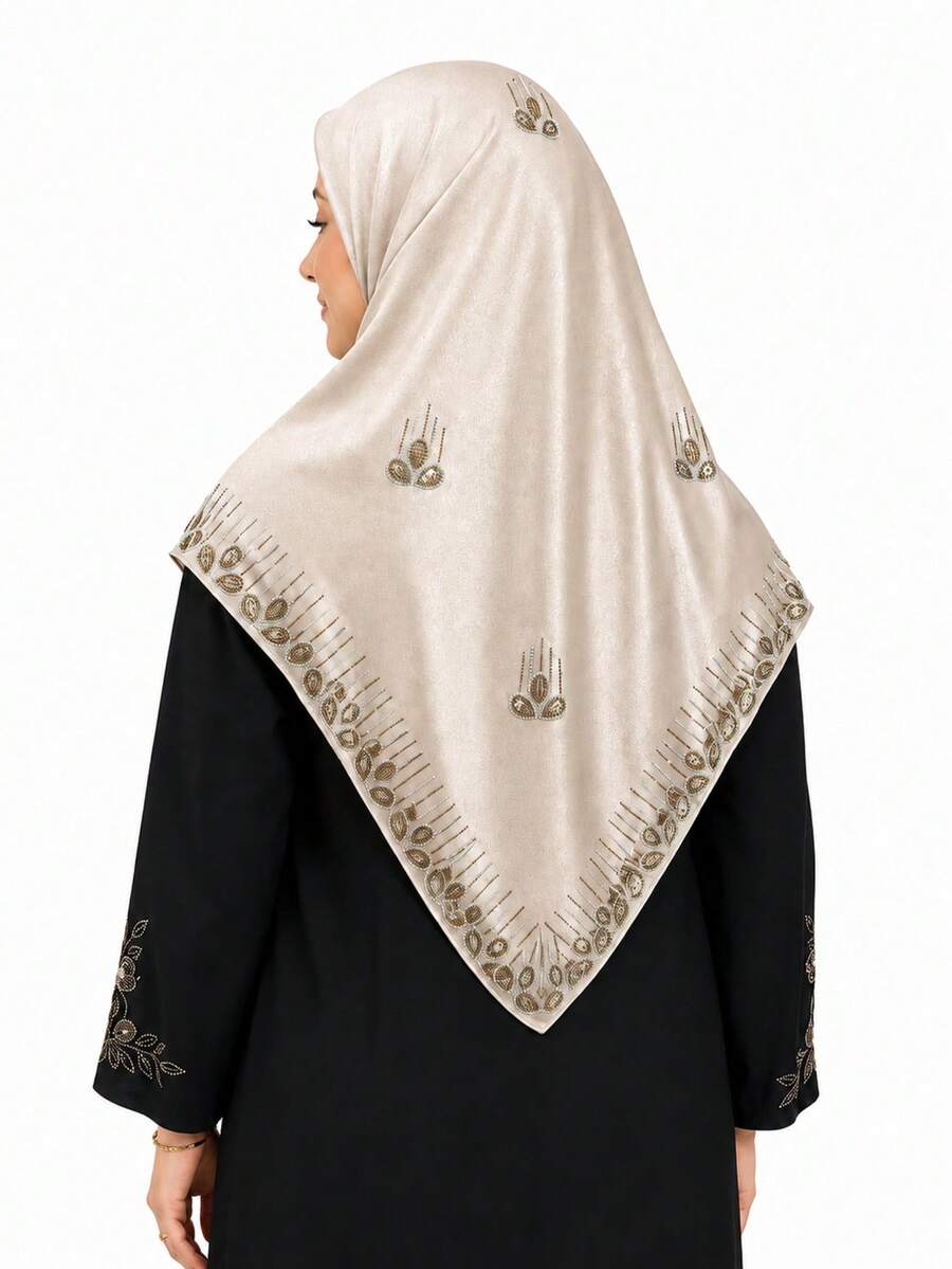 1pc 43.31 X 43.31 In Women's Luxury Heavy Hand-Set Multicolor Rhinestone Square Hijab Scarf, Opaque Solid Color Headscarf, Party Shawl & Veil - Champagne - View 1