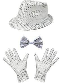 3pcs D EXCEED Disco Star Performance Costume Accessories, Unisex, Sequin Hat, Gloves, Bow Tie, Popular Stage Party Outfit, Suitable For Halloween Party, Cosplay - Multicolor - View 15