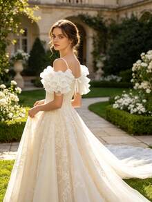 White Multi-Layer Ruffle Detachable Shoulder Sleeves, Strapless Wedding Dress Sleeve Covers With Tie Bow Design, Shoulder Accessory For Photoshoot - White - View 4
