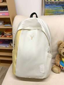 Dedoo Mochila con cremallera de bloques de color, detalles de bordado de letras & etiquetas, gran capacidad, mochila escolar para estudiantes, adecuada para el campus universitario, mochila de regreso a la escuela para estudiantes - Blanco - Ver 5