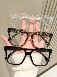 3pcs/1pc Women's Leopard Print Bohemian Style TR Material Square Oversized Transparent Glasses, Returning To School,Suitable For All Seasons - Transparent - View 2