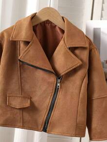 Young Girls Autumn/Winter Diagonal Zipper Loose Collar Short Jacket Casual Outerwear - Brown - View 3
