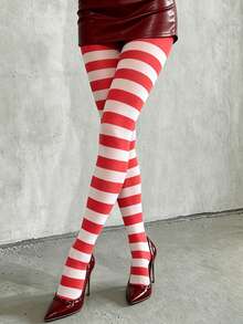 Halloween Horror Season Cosplay Essential Red & White Striped Opaque Tights Halloween Costume Leggings - Multicolor - View 2