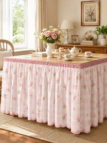 1pc Pink Plaid Print Lace Table Skirt, Fresh Polyester Rectangular Dining Table Apron, Perfect Pleated Tablecloth, Suitable For Camping, Autumn Decor And Party Decoration - Multicolor - View 1