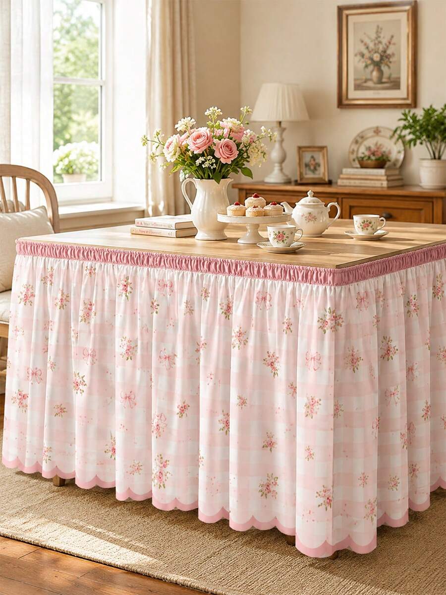 1pc Pink Plaid Print Lace Table Skirt, Fresh Polyester Rectangular Dining Table Apron, Perfect Pleated Tablecloth, Suitable For Camping, Autumn Decor And Party Decoration - Multicolor - View 1
