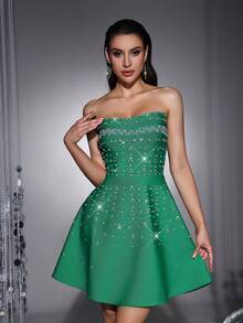 Bernatova Women Sexy Sweetheart Strapless Mini Bandage Dress With Handmade Rhinestone Decor , Celebrity Short Charming Sweety Club Dress Party Wedding - Green - View 2