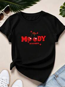 Moody Cherry Graphic T-Shirt In Soft Cotton, Crew Neck, Comfortable Fit, Art Print - Black - View 2