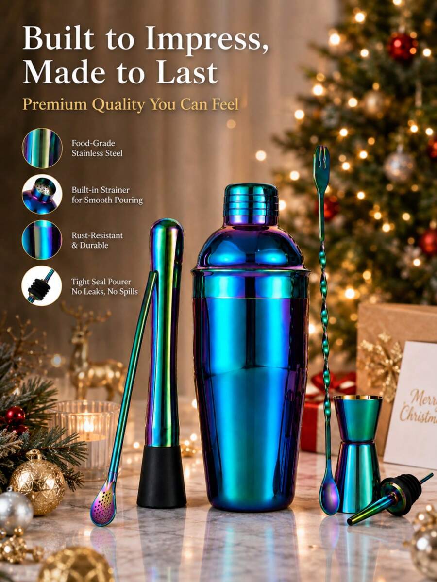 [Bartender Set] Cocktail Shaker Set | Bar Set Essential Accessories Tools: Martini Shaker, Jigger, Stirring Spoon, Pour Spout, Muddler, Liquor Pourer | Silver | Colorful | Multi-Color