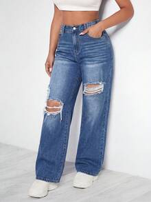 Plus Size Women's Distressed Straight Leg Wide Leg Jeans, Solid Color Denim, Ripped Straight Leg Wide Leg Jeans, Holiday Daily All Season - Blue - View 3