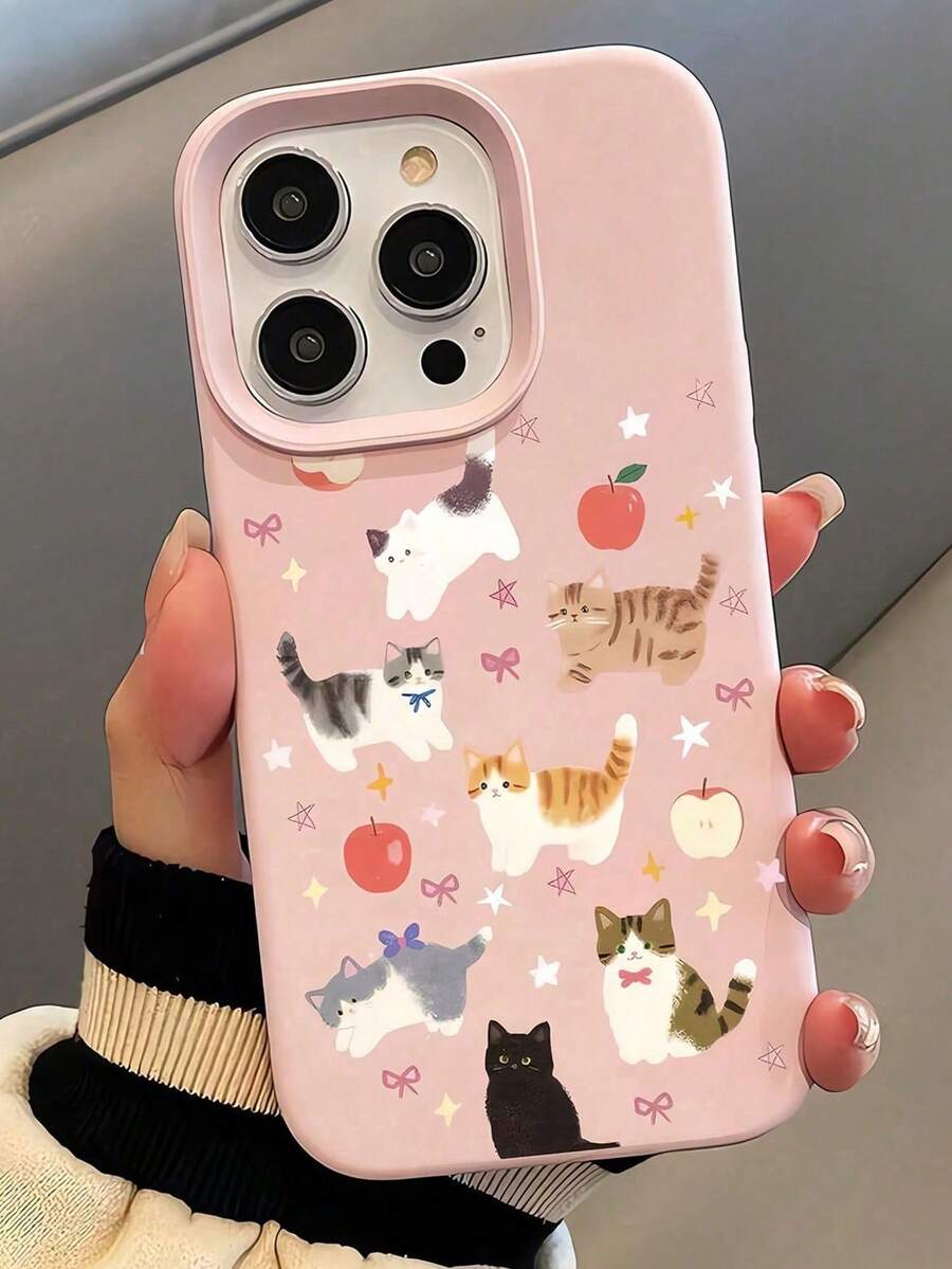 Cute Cartoon Cat Apple Bow Red Apple Pattern Shockproof Phone Case, Full Coverage Anti-Drop Minimalist Style, Suitable For Daily Use, Compatible With IPhone 18/18Pro/18Pro Max/16/16 Pro/16 Plus/16 Pro Max/17/17 Pro/17 Pro Max/15/15 Pro/15 Pro Max/15 Plus/14/14 Pro/14 Pro Max/13/13 Pro/13 Pro Max/12/12 Pro/12 Pro Max/11/7/8, Birthday Gift, Back To School Gift, Christmas Gift, Suitable For Women's Daily Use - Pink - View 1