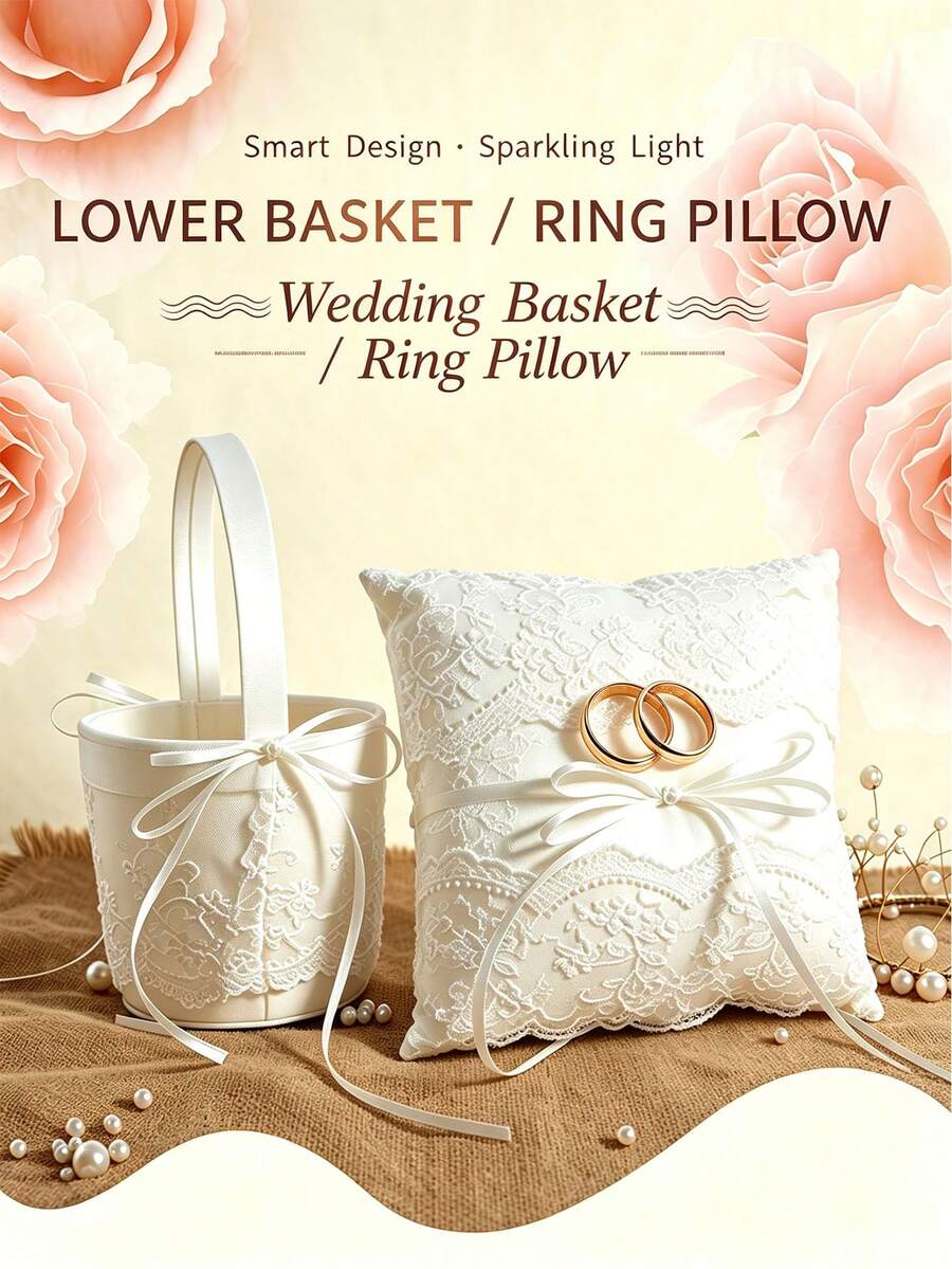 Wedding Flower Basket Ring Pillow, Large Ring Pillow - Wedding Lace Flower Basket Lace Pearl Ivory Ring Tray Wedding Party