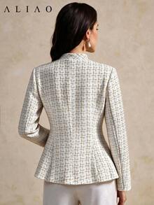 Aliao Autumn/Winter Plaid Shiny Fabric Ruffle Collar Long Sleeve Slim Fit Elegant Jacket, Date Party French Court Style Outerwear Wedding Guest Outfit - White - View 7
