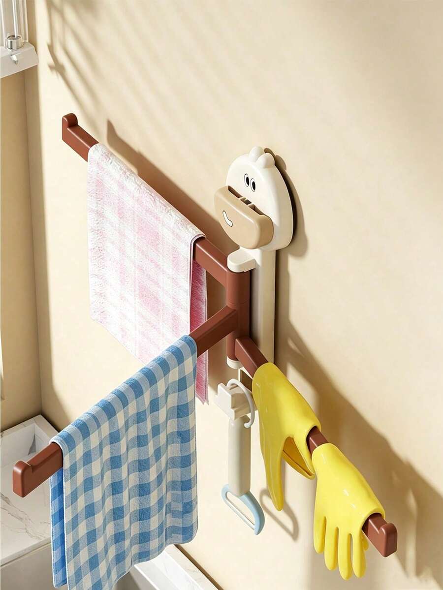 1pc Suction Wall Mounted Kitchen Cloth Storage Rack, 3 Tier Rotatable Drainage Towel Holder, Multi Purpose Household Organizer Rack With Hollow Drainage Design, Space Saving Plastic Accessory For Kitchen Bathroom Daily Storage