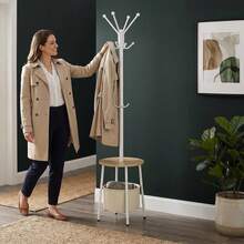 HEXCELEN Freestanding Coat Rack With Storage Basket & Single Shelf – 12-Hook Floor-Standing Unit (Total Height: 182.8cm) – Home Storage Rack For Entryway Or Bedroom - Camel Yellow White - View 7