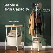 HEXCELEN Freestanding Coat Rack With Storage Basket & Single Shelf – 12-Hook Floor-Standing Unit (Total Height: 182.8cm) – Home Storage Rack For Entryway Or Bedroom - Camel Yellow White - View 4