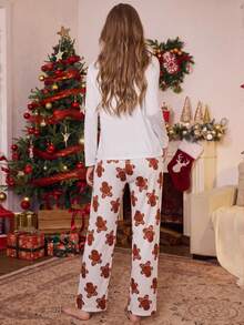 New Casual Minimalist Christmas Cute Gingerbread Man Print Women's Pajama Set - White - View 2