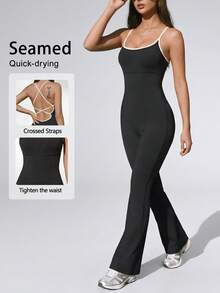 Cross-Back Yoga Jumpsuit, Pilates Workout One-Piece Jumpsuit, Slimming And Flattering. Sports Black - Black - View 2