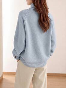 Women's Autumn/Winter Casual Minimalist Vintage Style Half-Button Knit Pullover Sweater - Baby Blue - View 2