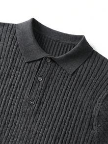 Men's Vertical Ribbed Knit Polo Short Sleeve, Light Business Casual Loose Fit Top - Dark Grey - View 5