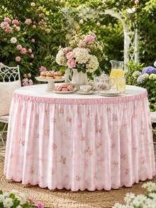 1pc Pink Plaid Print Lace Table Skirt, Fresh Polyester Rectangular Dining Table Apron, Perfect Pleated Tablecloth, Suitable For Camping, Autumn Decor And Party Decoration - Multicolor - View 8