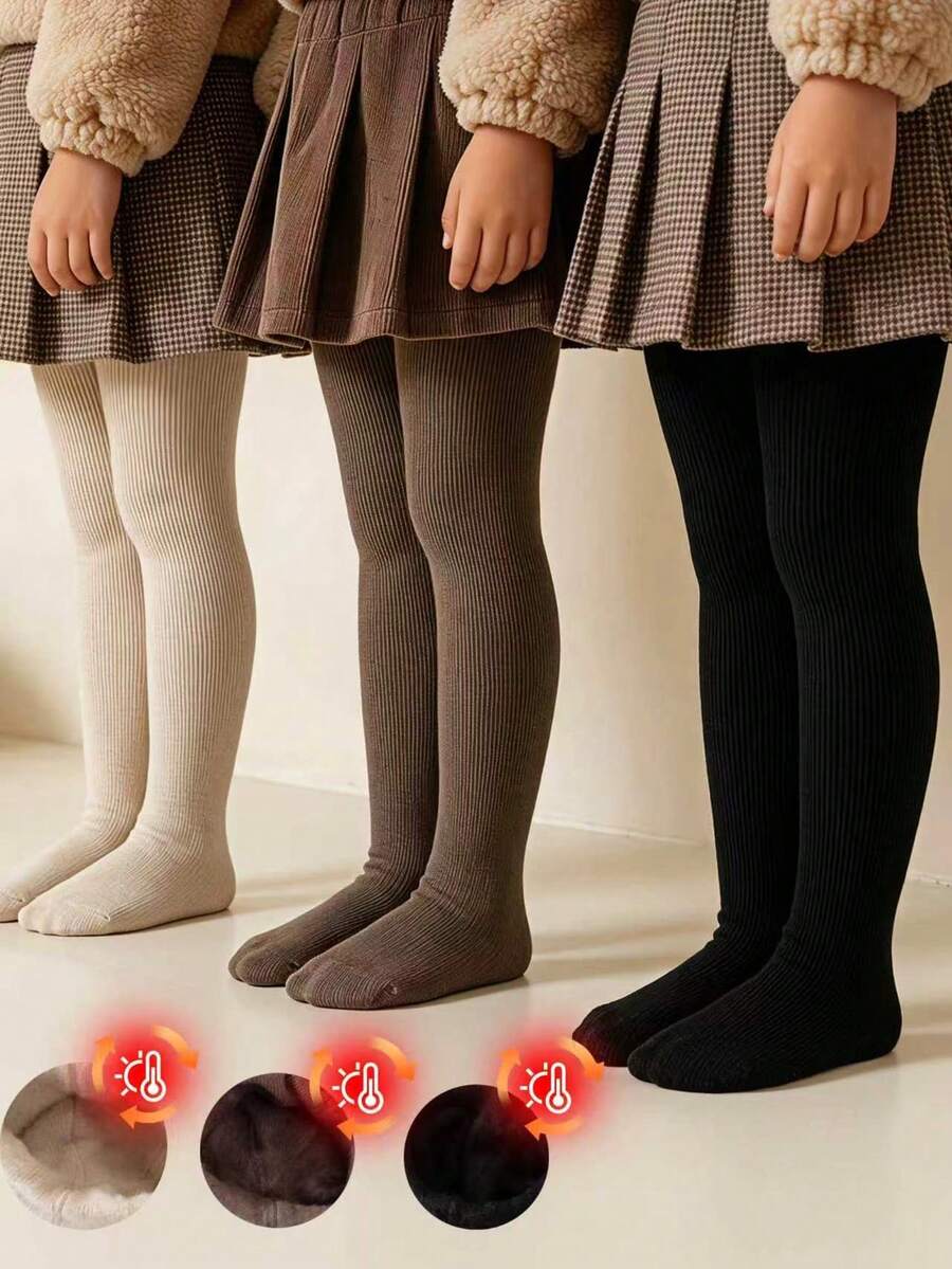[Autumn/Winter] 1/3 Pairs Girls/Children/Baby Tights, Khaki/Light Brown/Black, Warm Lining Fine Stripe Design, Minimalist Versatile Fashion Skin-Friendly Soft Breathable, Cold-Proof Warm Hip Protection, Suitable For Back To School/Travel/Holiday Gifts/Outdoor Activities, Multiple Combinations Available - Multicolor - View 1