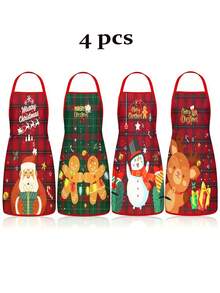 4Pcs Buffalo Plaid Christmas Kitchen Aprons Set, Santa Claus, Snowman, Gingerbread Man, Reindeer Printed Cooking Aprons, Cute Holiday Adjustable Chef Aprons For Home Baking BBQ Xmas Party Gift - Multicolor - View 13