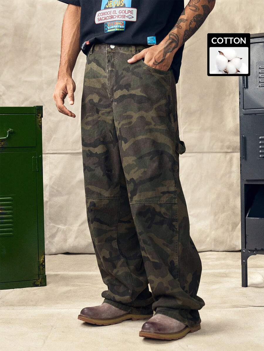 Norleigh Celana Jeans Kargo Denim Pria Kasual dengan Banyak Saku Motif Kamuflase, Potongan Lebar, Gaya Jalanan - Hijau Tentara - View 1