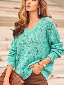 Plus Size Mint Green V-Neck Sweater, Long Sleeve Knit Pullover With Hollow-Out Leaf Pattern For Fall Winter Holiday Outfit Vacation - Emerald - View 3