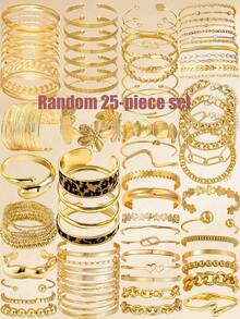 30/25/20/10/5pcs Set Thick Line Stackable Geometric Knot, Flower, Chain, Beaded, Twisted, Heart, Leopard Print, Disc, Snake Bone Chain, Rhinestone, Faux Pearl, Minimalist Bracelets, Vintage, Holiday, Party, Bohemian Style - Yellow Gold - View 8
