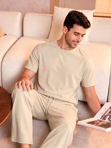 Men's Summer Crew Neck Casual T-Shirt And Casual Long Pants Loungewear Set - Apricot - View 4