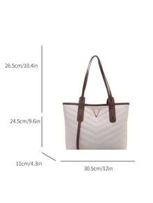1pc White Large Capacity Contrast Color PU Quilted Tote Bag Women's Shoulder Bag - White - View 7