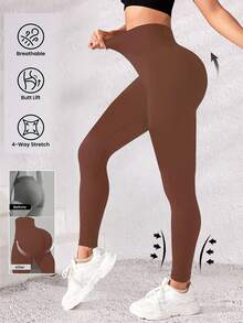1 pieza Leggings de yoga de cintura alta marrón para mujer - Cintura alta, mezcla elástica de poliéster/spandex, superficie suave, lavable a máquina - Deportes - Marrón - Ver 4