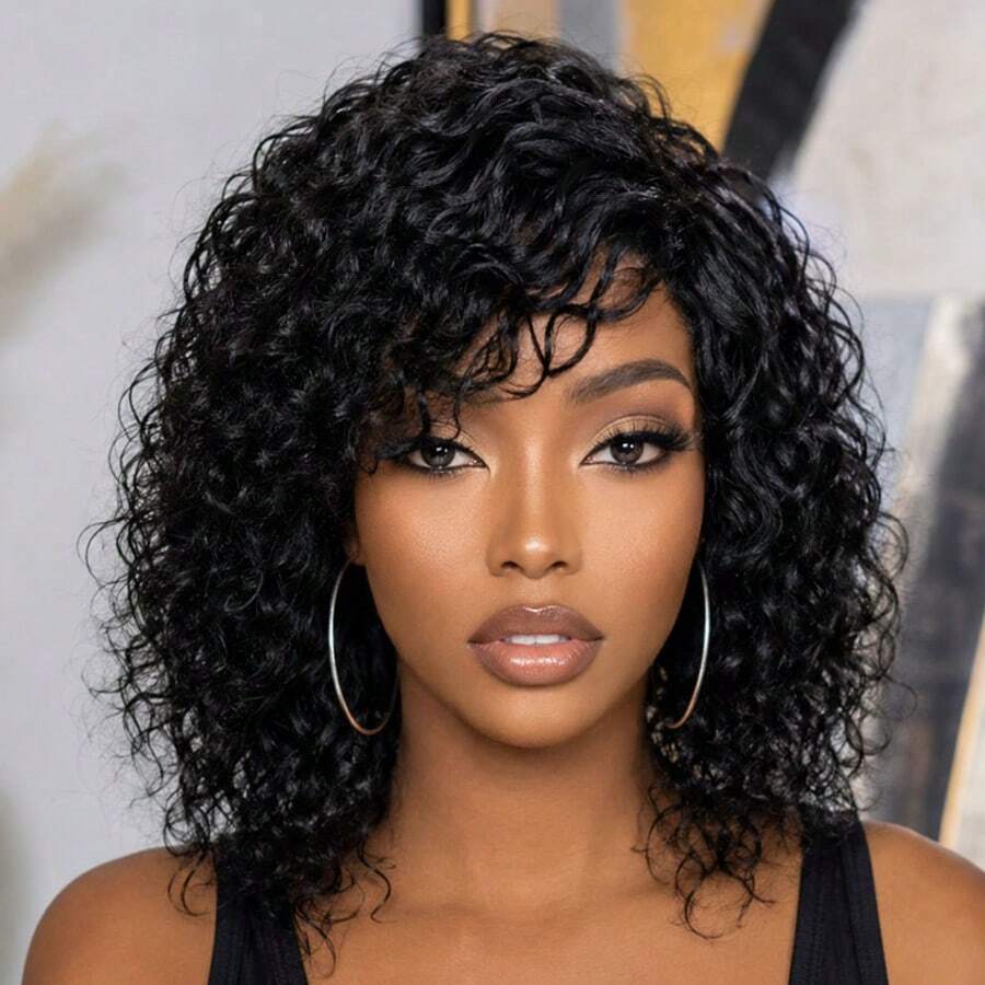 AMECIRE Black Curly Wig Fluffy Shape With Bangs Human Hair Wigs Pixie Cut Wig Wigs For Women Short Hair Wig Elastic Mesh Cap Suitable For Everyday Wear And Holidays