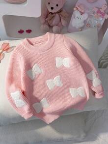 Girls' Sweet Round Neck Long Sleeve Knit Sweater With 3D Plush Bow Decor, Chunky Ribbed Texture, Casual Versatile Pullover For Daily Wear And School, Spring/Autumn/Winter - Pink - View 1